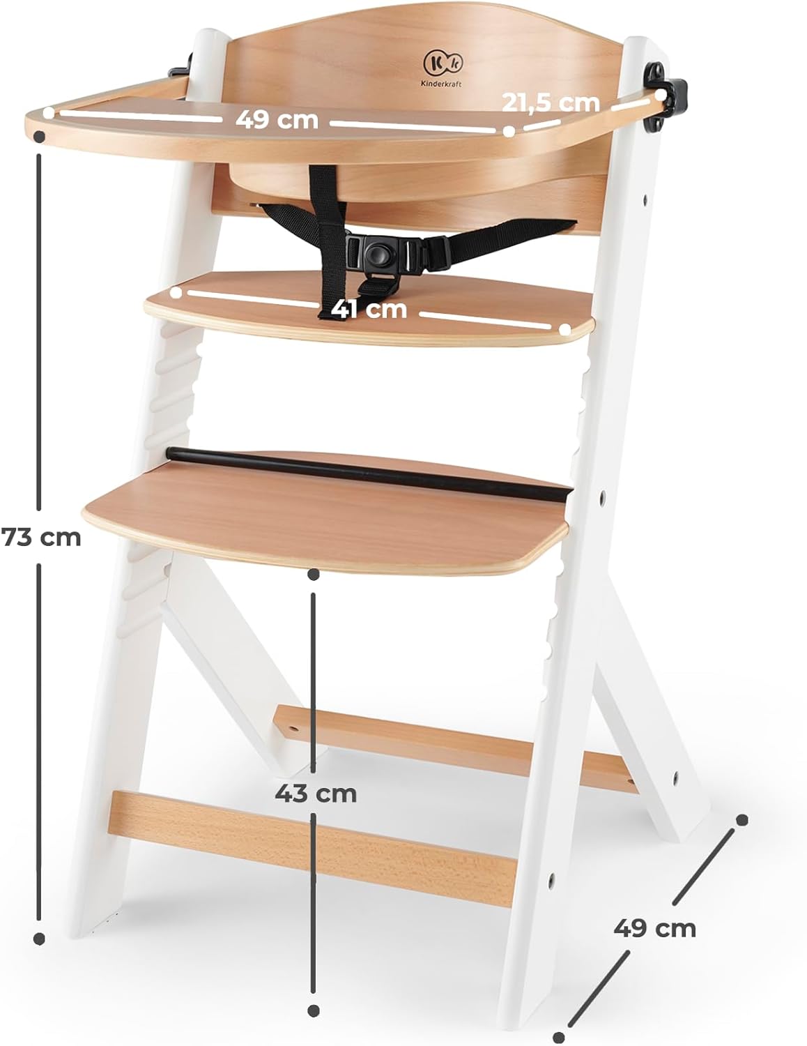 Kinderkraft NECK Trona de Madera 3 en 1, Silla Bebé Multifuncional, Altura Regulable y Reposapiés, Cinturón de Seguridad, con Bandeja Extraíble, para Niños hasta 10 Años, Madera Blanca