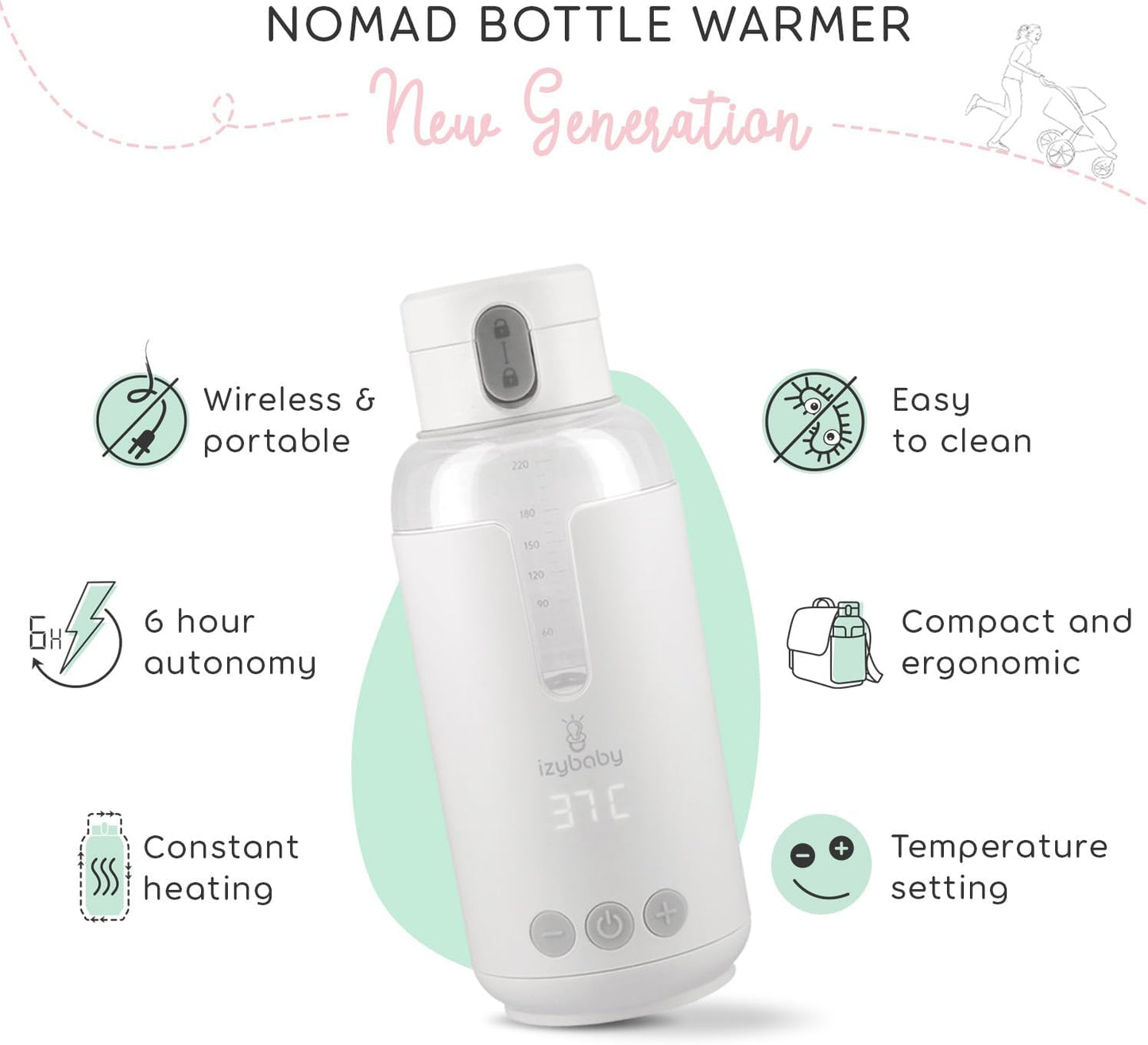 izybaby Nomad, Calentador portátil para biberones/coche, Temperatura ajustable, Carga USB, Calentador de leche materna