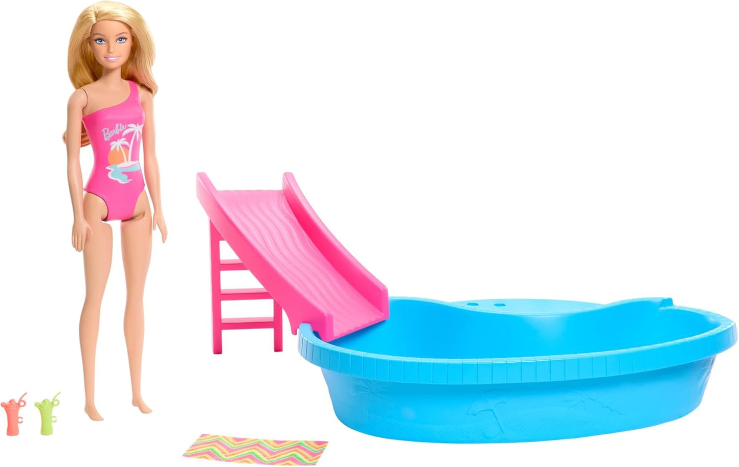 Conjunto de piscina y muñeca Barbie, rubia en traje de baño de una pieza rosa tropical con piscina, tobogán, toalla y accesorios para bebidas, HRJ74