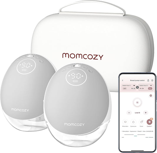 Momcozy Extractor de leche manos libres Mobile Flow, control discreto de la aplicación M9 con modos múltiples personalizados y 15 niveles, almacenamiento independiente de leche materna, extractor de leche portátil M9 de 24 mm (gris, paquete de 2)