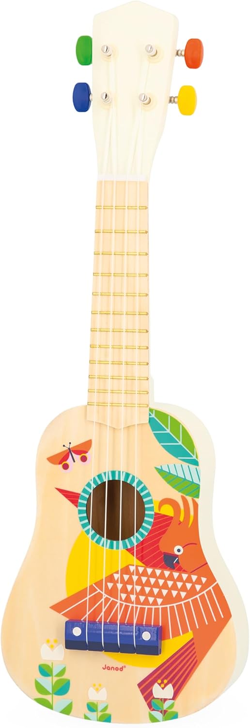 Janod - Ukulele de madeira Gioia - Instrumento musical infantil - Brinquedo de despertar musical - Tinta à base de água - 3 anos +,