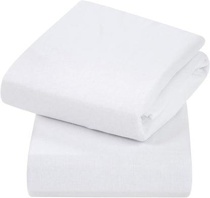 ClevaMama Sábanas para Moisés y Cochecito, 100% Algodón Hipoalergénico y Transpirable, Pack de 2 Sábanas Bajeras Elásticas 38 x 82 x 9 cm - Blanco