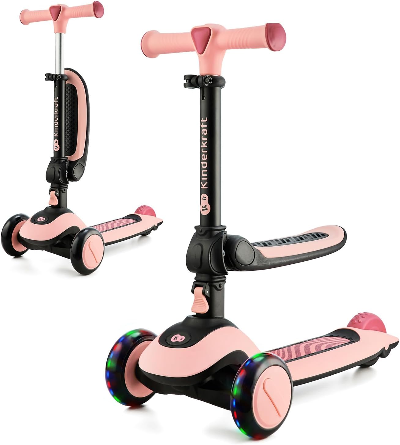 Kinderkraft Scooter Halley 2 em 1 para crianças de 1+ anos até 50 kg, scooter de 3 rodas, bicicleta de equilíbrio, fácil de dobrar, 2 rodas dianteiras piscantes, guidão ajustável, fácil de manusear, pesa apenas 3 kg, rosa