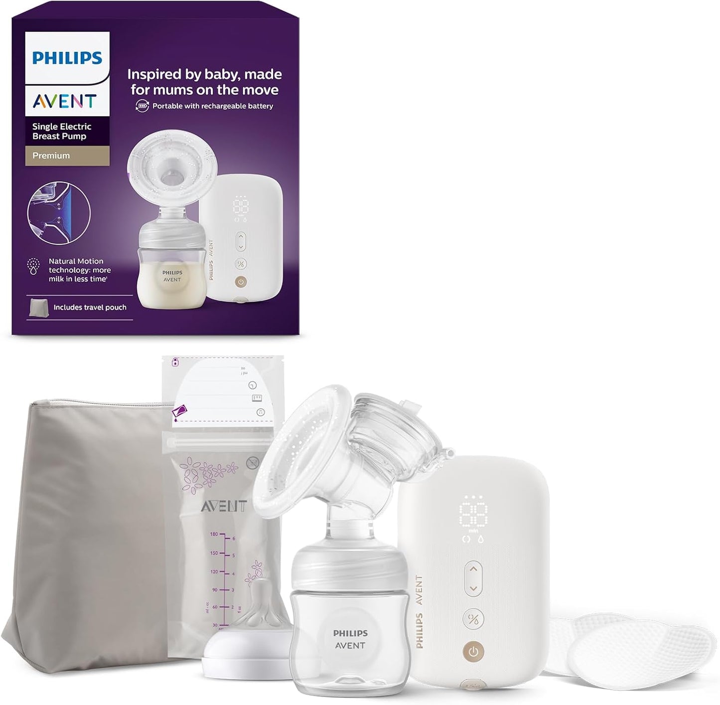 Philips  Bomba tira-leite elétrica simples Avent, potência hospitalar, motor silencioso e recarregável para uma experiência discreta em qualquer lugar, bolsa de viagem, modelo SCF396/31