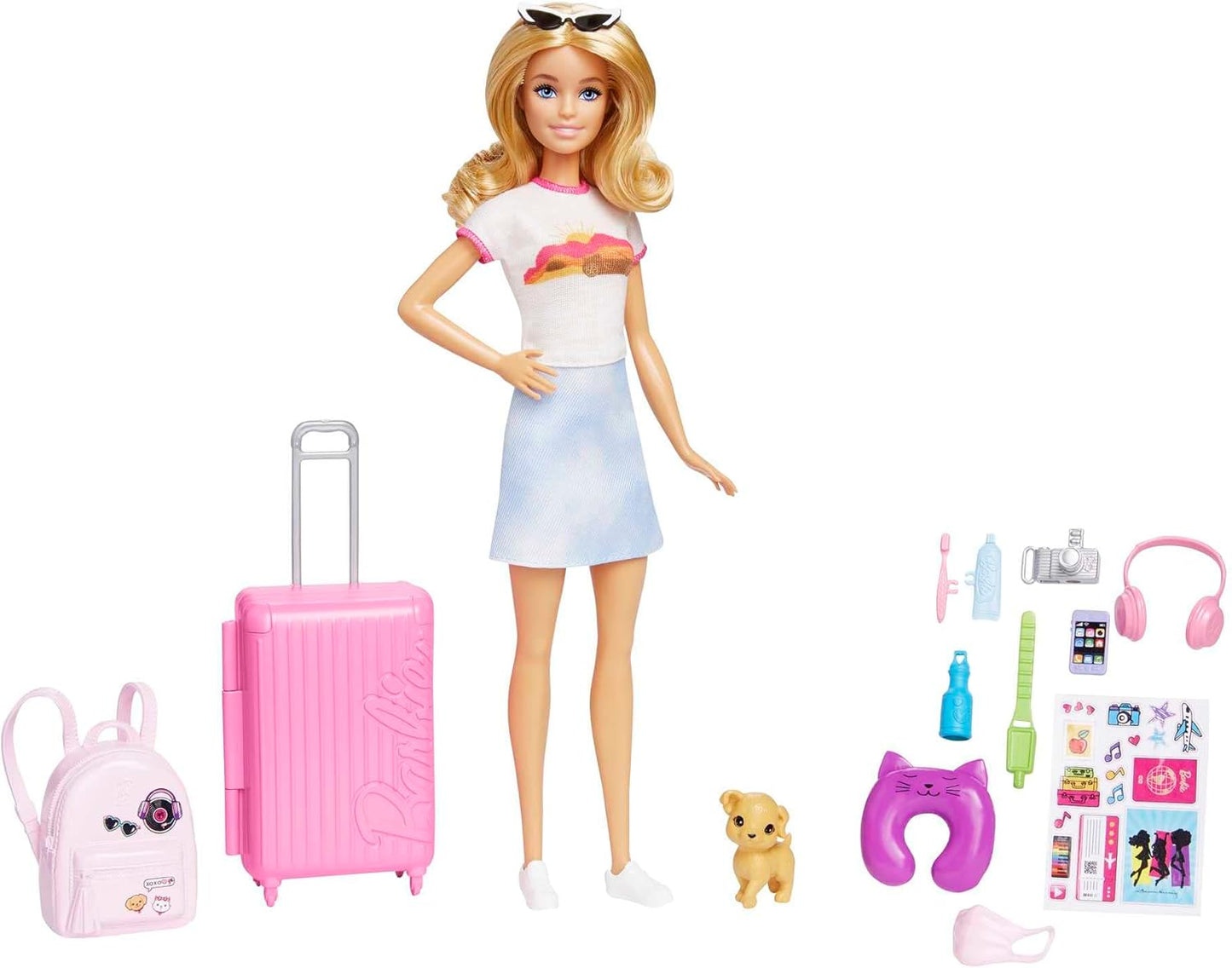 Barbie Veículo conversível de 2 lugares, carro rosa com rodas giratórias e detalhes realistas e boneca e acessórios, conjunto de viagem “Malibu”