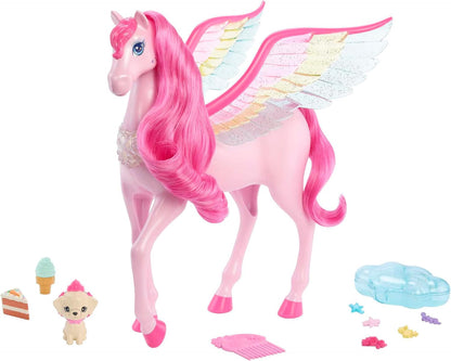 Barbie Um Toque de Mágica Pégaso, Pégaso Rosa com Cabelo Rosa e Asas de Arco-Íris, Luzes e Sons, Cachorrinho de Brinquedo, 10 Acessórios de Brinquedo, Brinquedos para Idades de 3 e Acima, Uma Barbie Pégaso, HLC41