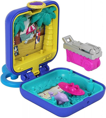 Polly Pocket™ Shani™ Tropical Beach Compact com carrinho móvel de sorvete, prancha de surf, boneco de golfinho, personalização de fotos, boneca Micro Shani™ e folha de adesivos; Para maiores de 4 anos, GKJ44