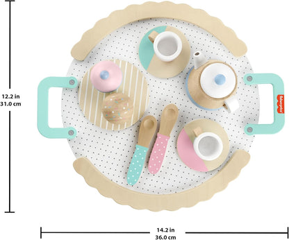 Fisher-Price Preschool Toy Wooden Tea Set with Teapot, Cups & Saucers, 12 Wood Pieces for Pretend Play Kids Ages 3+