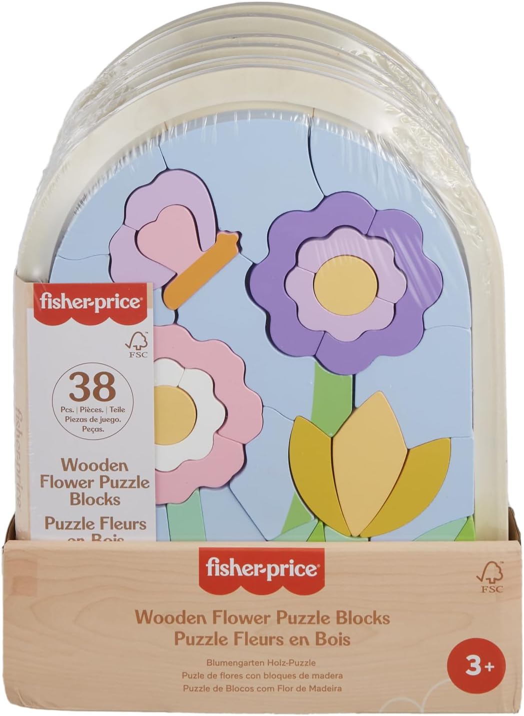 Fisher-Price Quebra-cabeça de flores de madeira para brinquedo pré-escolar, conjunto de empilhamento de madeira de 37 peças para jogos de desenvolvimento com mais de 3 anos de idade, HXT97