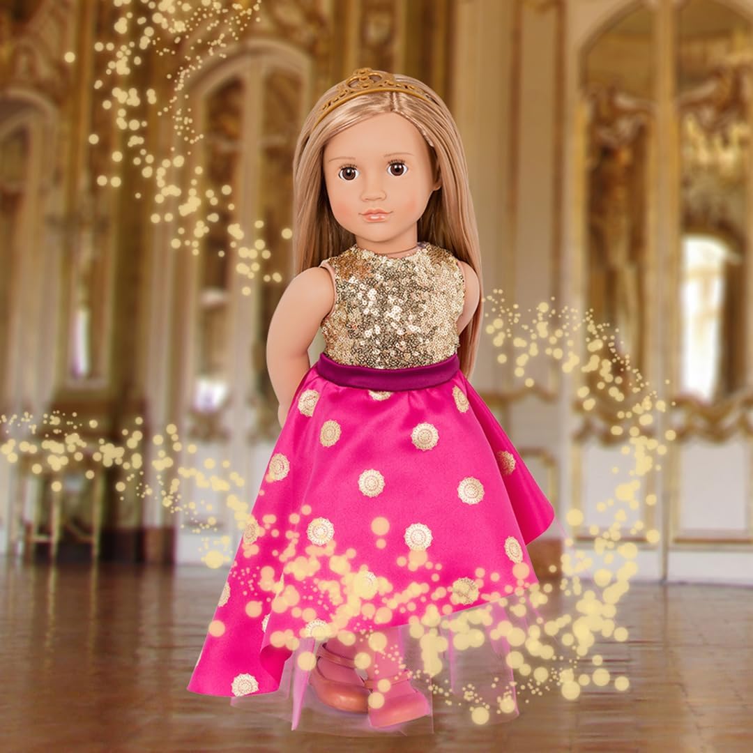 Muñeca Sarah Girl de Our Generation – Muñeca de moda con temática de princesa de 18 pulgadas con tiara y vestido brillante – Incluye juego de ropa de 4 piezas