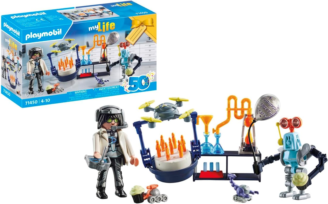 Playmobil 71450 Minha Vida: Pesquisadores com Robôs, festa com temática científica no laboratório, incluindo um drone de transporte e robôs, encenação divertida e imaginativa, conjuntos de jogos artísticos adequados para crianças a partir de 4 anos