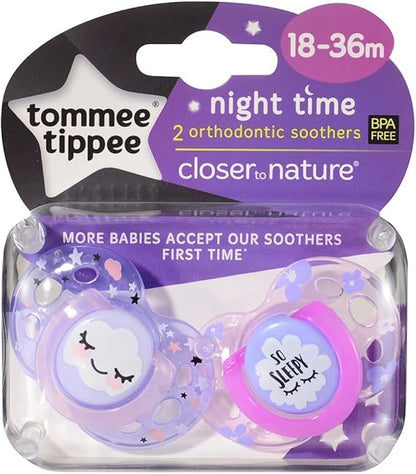 Tommee Tippee 18-36 meses mais perto da natureza Night Time 2 chupetas ortodônticas, modelo sortido sem BPA de silicone branco