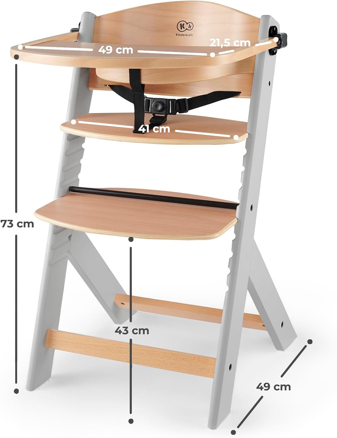 Kinderkraft  Cadeira alta de madeira 3 em 1 NECK, cadeira multifuncional para bebês, altura e apoio para os pés ajustáveis, cinto de segurança, com bandeja removível, para crianças de até 10 anos, cinza de madeira