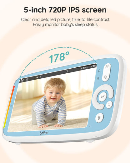 BOIFUN  Monitor de vídeo para bebês com 2 câmeras, tela IPS 720P de 5 polegadas, câmera dupla 360, sem Wifi, bateria de 3050mAh, modo VOX, visão noturna invisível, áudio bidirecional, sensor de temperatura, canções de ninar, idosos, gêmeos