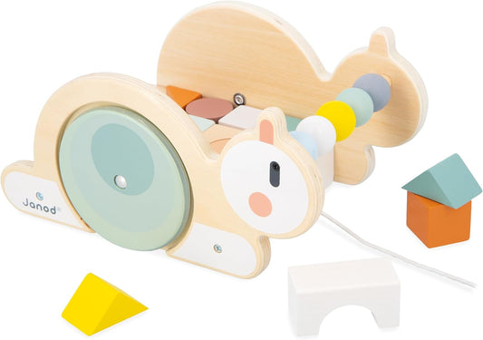 Janod - Sweet Cocoon Snail Cube Trolley Brinquedo de aprendizagem precoce - Desenvolve destreza e imaginação - Brinquedo pull-along + 16 blocos de construção - Brinquedo de madeira FSC - 18 meses +,