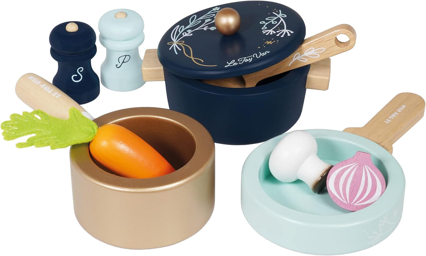 Le Toy Van - Conjunto de panelas e frigideiras educacionais de madeira para bolo de mel, brinquedo de brincar de cozinha | Acessórios de cozinha para brinquedos infantis, rosa