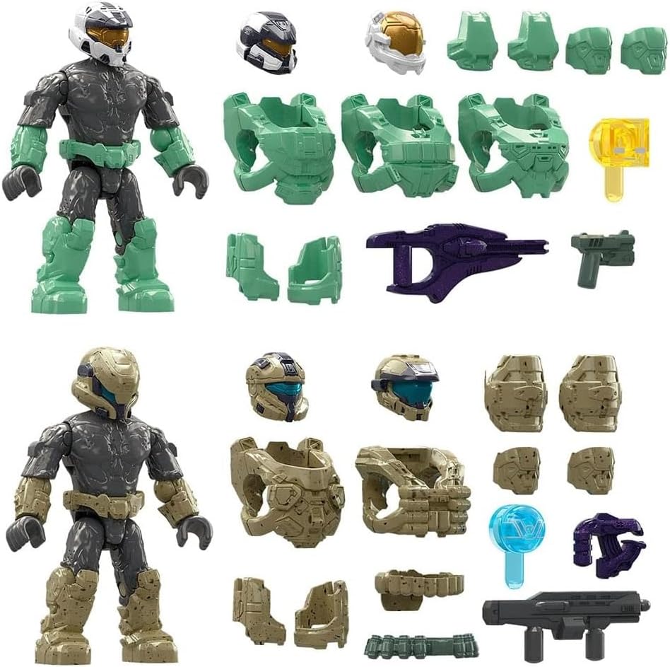 MEGA Conjuntos de construção de brinquedos Halo Infinite, coleção Spartan Mission Pack com 2 microfiguras de ação articuláveis, acessórios e expositor