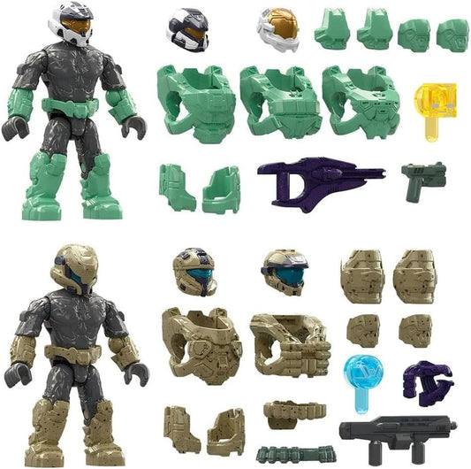 MEGA Conjuntos de construção de brinquedos Halo Infinite, coleção Spartan Mission Pack com 2 microfiguras de ação articuláveis, acessórios e expositor