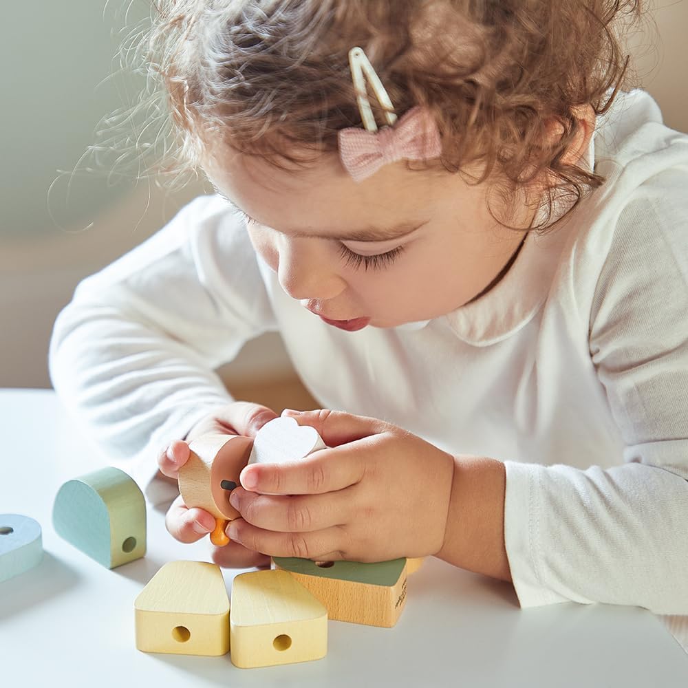 Janod - Cuentas para enhebrar Sweet Cocoon - 21 cuentas de pájaros, alas y nubes - Desarrolla habilidades motoras finas - Juguete de madera FSC - Juego de aprendizaje temprano - A partir de 24 meses,