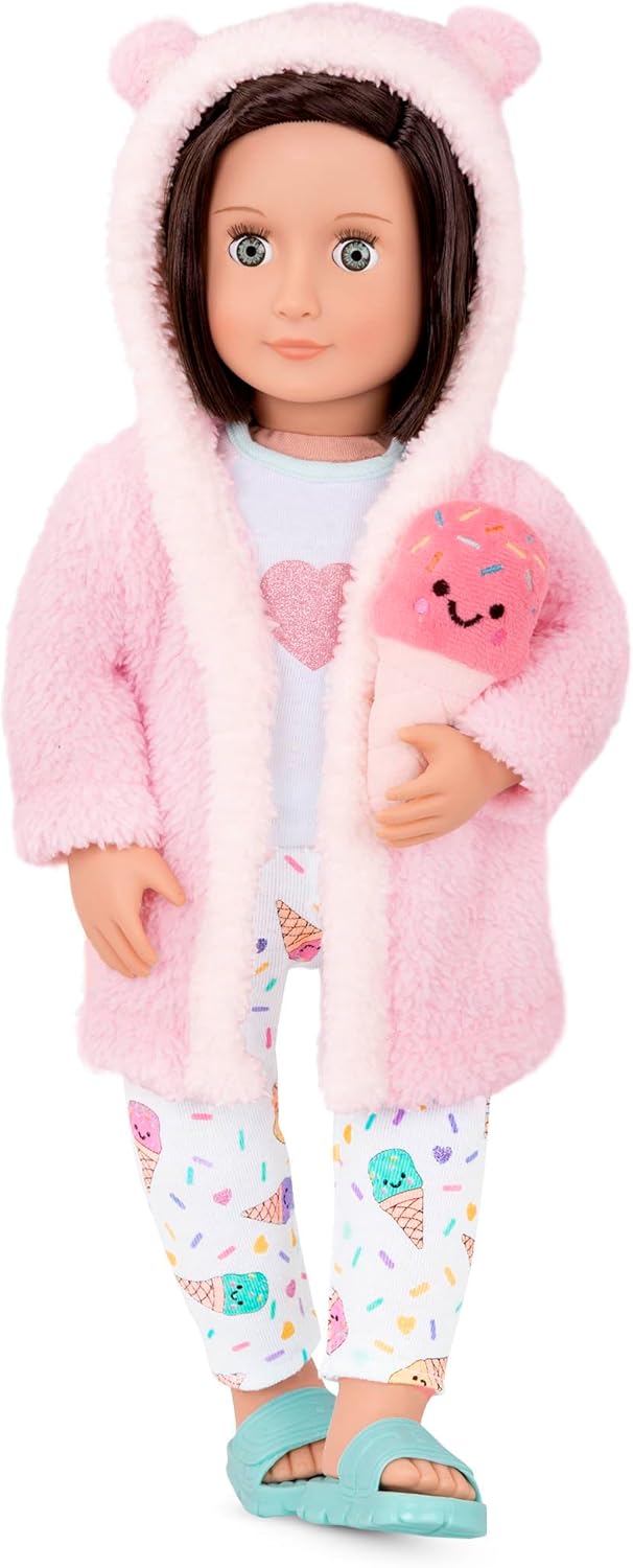 Our Generation Roupa de sonhos de sorvete da – conjunto de pijama e roupão com brinquedo de pelúcia de casquinha de sorvete – conjunto de roupas de 5 peças