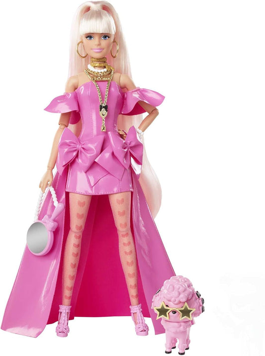 Boneca BARBIE BRAND Extra Fancy em vestido rosa brilhante alto-baixo, com cachorrinho de estimação, cabelo extra longo e acessórios, juntas flexíveis, brinquedo para crianças de 3 anos ou mais, HHN12, multicolorido