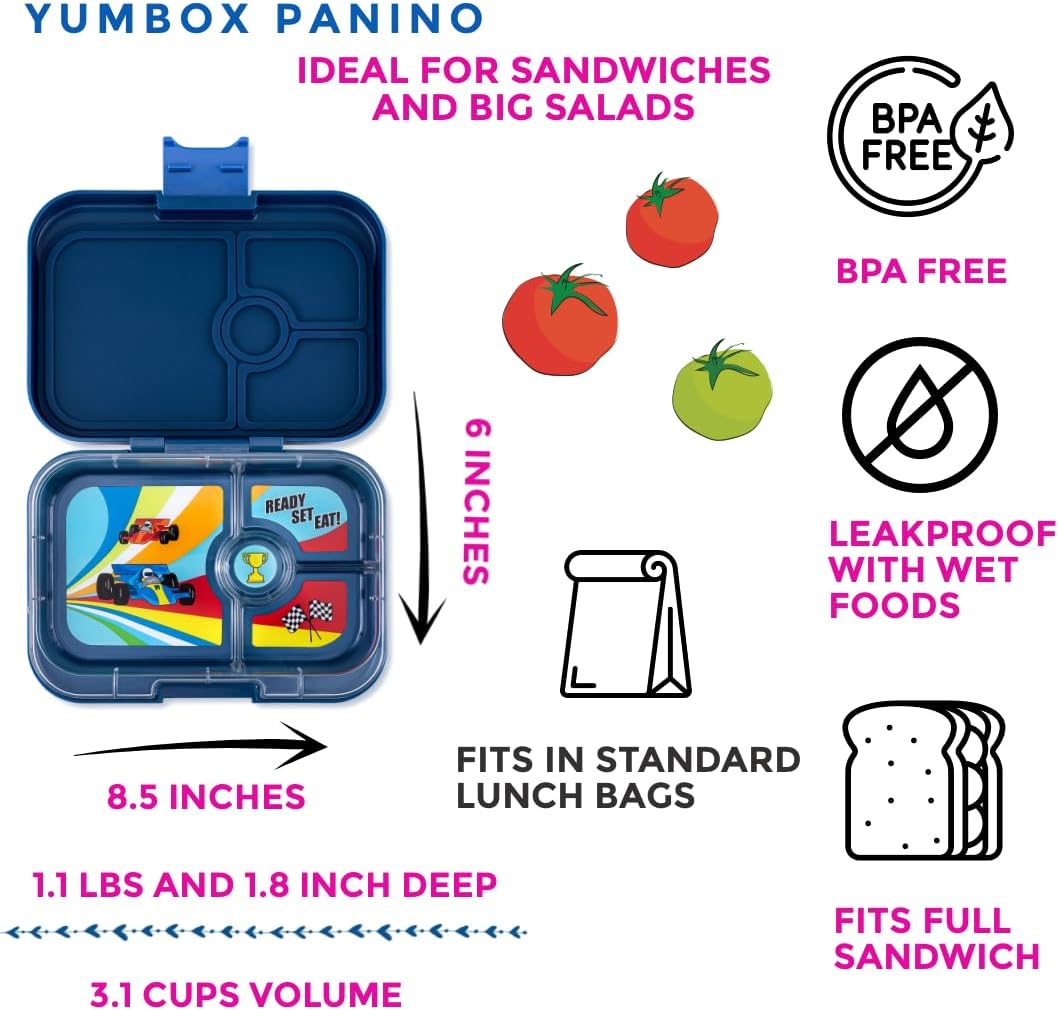 Yumbox yumbox Panino Recipiente de lancheira Bento à prova de vazamentos para crianças e adultos (Monte Carlo Blue (bandeja para carros de corrida))