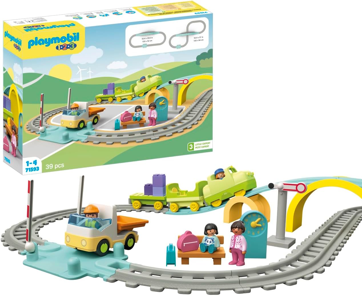 PLAYMOBIL 71593 1.2.3: Conjunto de trem grande, com vagões, barreiras e um relógio, brinquedo educativo e brinquedo de desenvolvimento de aprendizagem precoce para crianças pequenas, conjunto adequado para crianças de 12 meses ou mais