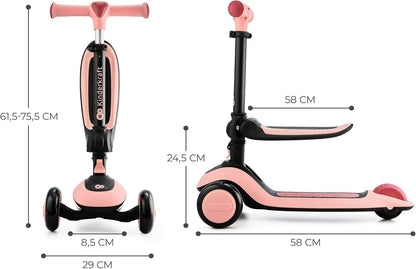 Kinderkraft Scooter Halley 2 em 1 para crianças de 1+ anos até 50 kg, scooter de 3 rodas, bicicleta de equilíbrio, fácil de dobrar, 2 rodas dianteiras piscantes, guidão ajustável, fácil de manusear, pesa apenas 3 kg, rosa