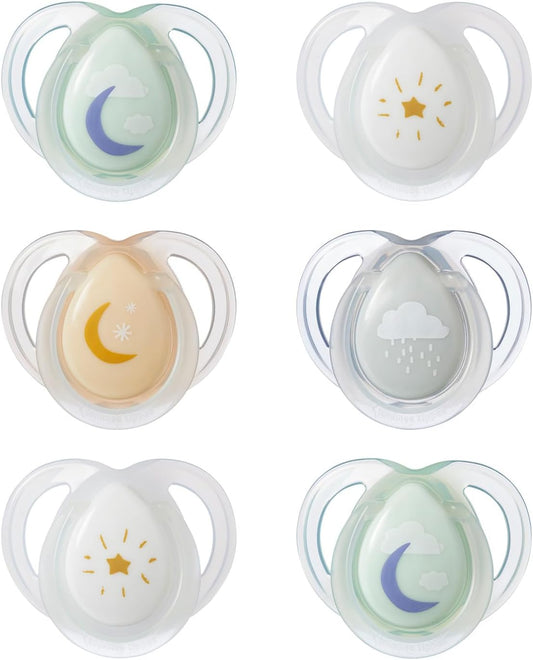 Tommee Tippee Nighttime Dummies, 0-6 meses, 6 pacotes de manequins que brilham no escuro com baglet de silicone simétrico