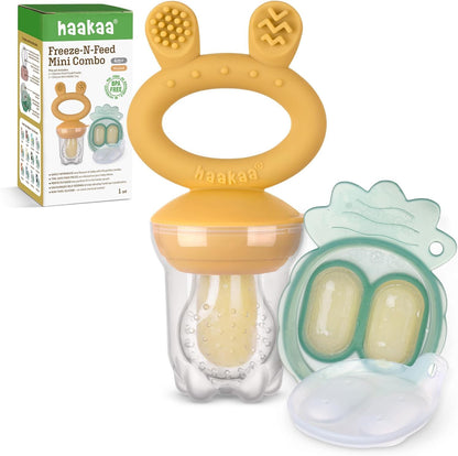 Haakaa Alimentador de frutas para bebês e mini bandeja para congelar, moldes de picolé de leite materno para alívio refrescante do bebê, alimentador de silicone sem BPA para alimentação segura do bebê, 4 meses ou mais (mostarda)