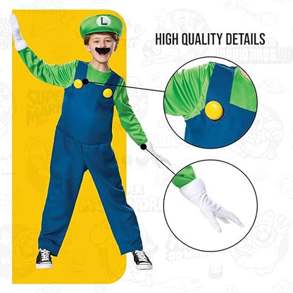 DISGUISE Fantasias oficiais de Super Mario Luigi de luxo para crianças, fantasias de Halloween para crianças disponíveis nos tamanhos S, M e L