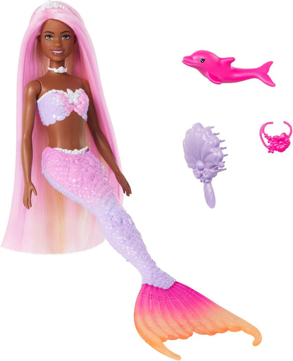 Barbie  Mermaid Doll, “Malibu” with Pink Hair, Styling Accessories, Pet Dolphin and Water-Activated Color Change Feature, HRP97