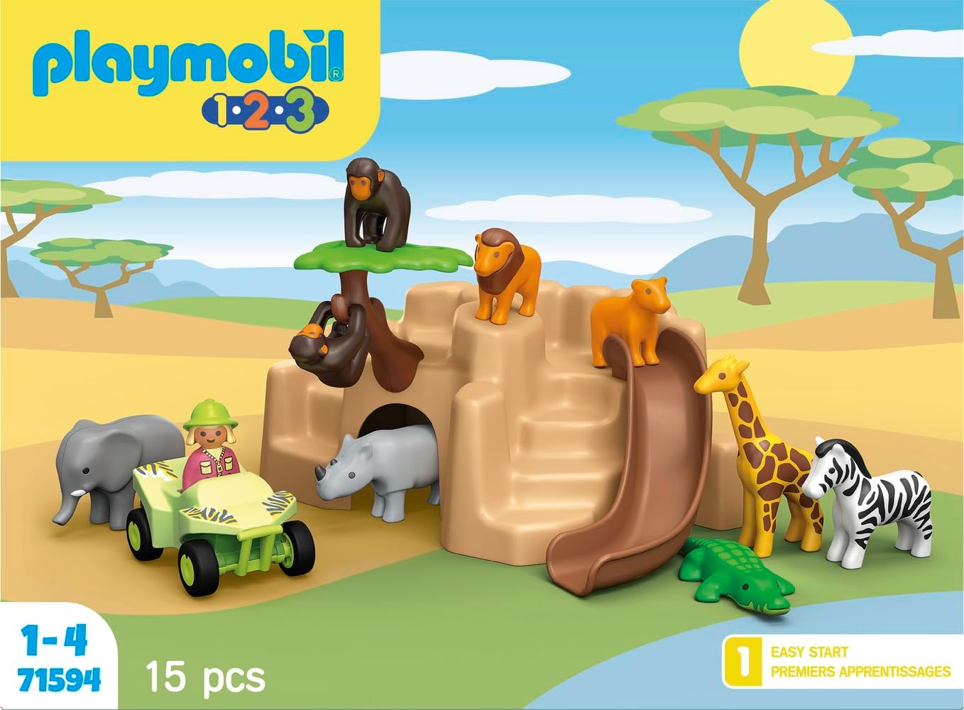 Playmobil 71594 1.2.3: Aventura na vida selvagem, com vários animais, quadriciclo e escorregador, brinquedo educativo para crianças pequenas descobrirem funções básicas, conjunto adequado para crianças a partir de 12 meses