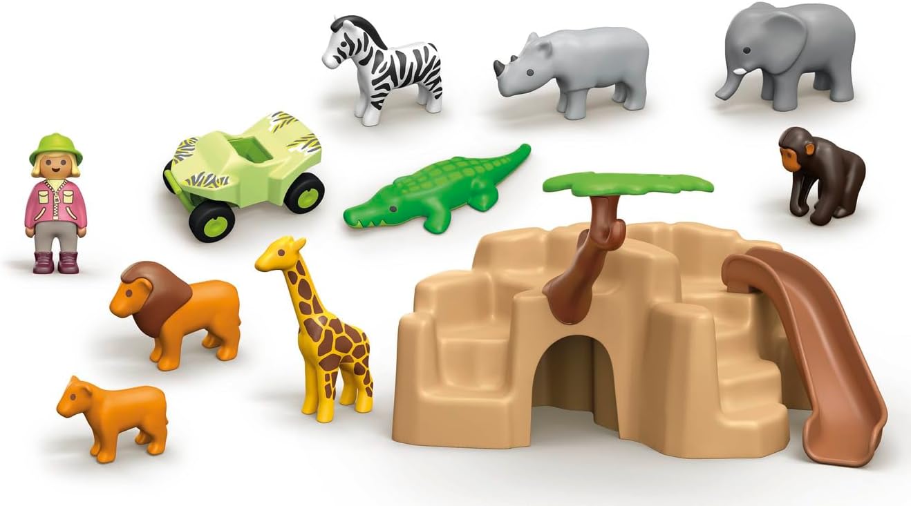 Playmobil 71594 1.2.3: Aventura na vida selvagem, com vários animais, quadriciclo e escorregador, brinquedo educativo para crianças pequenas descobrirem funções básicas, conjunto adequado para crianças a partir de 12 meses