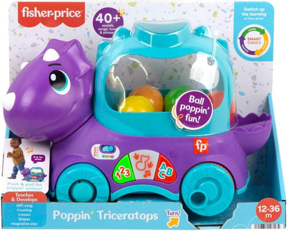 Fisher-Price de aprendizagem infantil e infantil, brinquedo de puxar bola de dinossauro com estágios inteligentes, versão em inglês do Reino Unido, Triceratops Poppin, HNR50