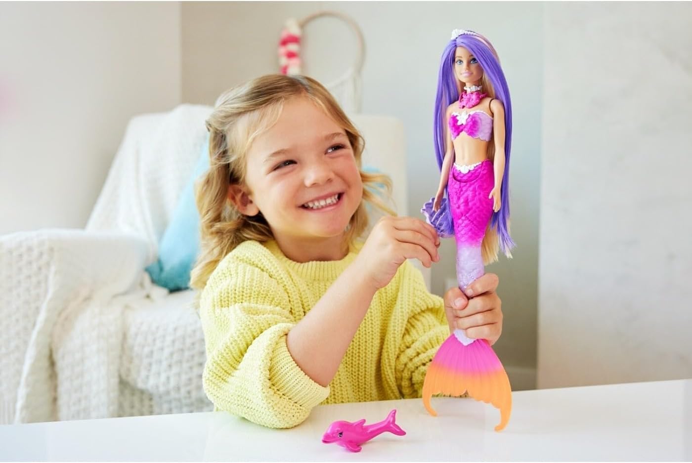 Barbie  Mermaid Doll, “Malibu” with Pink Hair, Styling Accessories, Pet Dolphin and Water-Activated Color Change Feature, HRP97