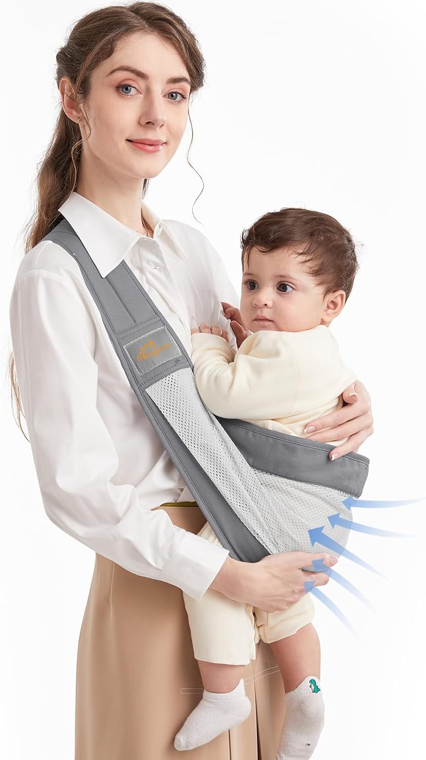 Mumgaroo Baby Sling, carregador de bebê ajustável para o verão, carregador de bebê respirável com alças de ombro confortáveis para recém-nascidos, bebês, crianças pequenas, 0-36 meses (malha)