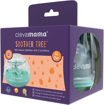 ClevaMama Esterilizador Soother Tree® para micro-ondas (até 6 chupetas), ultra-rápido, com estojo de armazenamento portátil e 2 chupetas para bebês incluídas – Turquesa - 14,6 x 11,9 x 12 cm