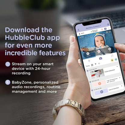 Hubble Connected Câmera infantil Nursery Pal Glow Smart HD para bebês com luz noturna de 7 cores, sensor de temperatura ambiente, zoom panorâmico e inclinação remoto, conversa bidirecional, visão noturna, câmera WiFi para bebês com