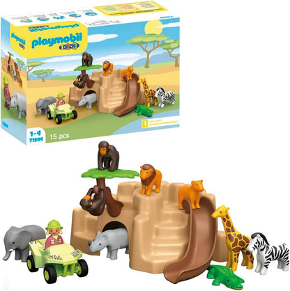 Playmobil 71594 1.2.3: Aventura na vida selvagem, com vários animais, quadriciclo e escorregador, brinquedo educativo para crianças pequenas descobrirem funções básicas, conjunto adequado para crianças a partir de 12 meses