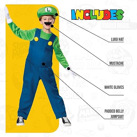 DISGUISE Fantasias oficiais de Super Mario Luigi de luxo para crianças, fantasias de Halloween para crianças disponíveis nos tamanhos S, M e L