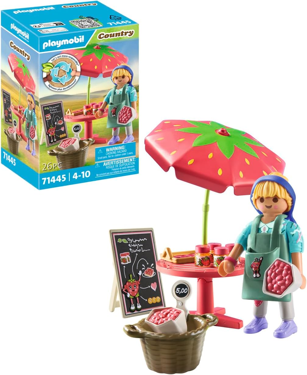 Playmobil 71445 País: barraca de geléia de morango caseira, brinquedo educativo, dramatização divertida e imaginativa, conjuntos de jogos adequados para crianças de 4 anos ou mais