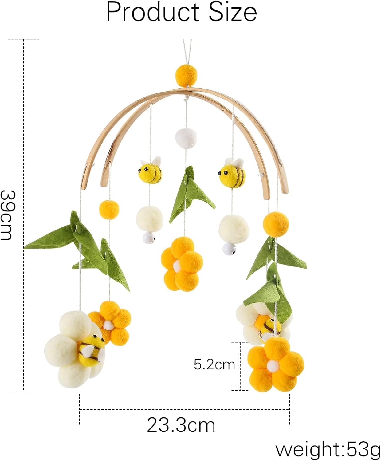 let's make móbile para bebê de madeira com bolas, flores + folhas verdes + carrilhão de vento de abelhas, móbile para meninos e meninas, presente de decoração de casa fresca (abelha)