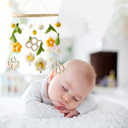 Madeira para bebê móvel + bola de lã, flores frescas e abelhas, mesa de troca de chocalho de vento, sino de cama pendurado para berçário, presente de recém-nascido para bebê (abelha + favo de mel)