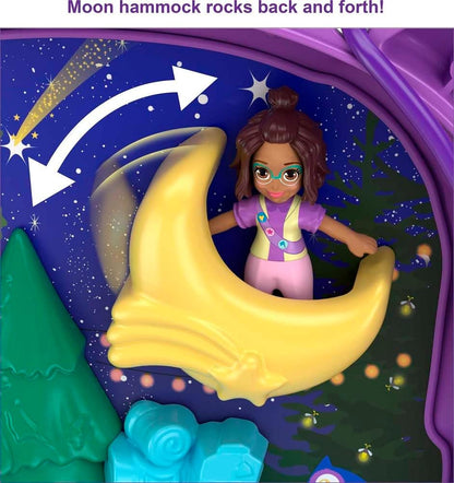 Polly Pocket World Owlnite Campsite compacto com revelações divertidas, bonecas Micro Polly e Shani e conjunto compacto com tema de festa de chá Unicorn Forest com buzina brilhante, 2 micro bonecas e 13 acessórios