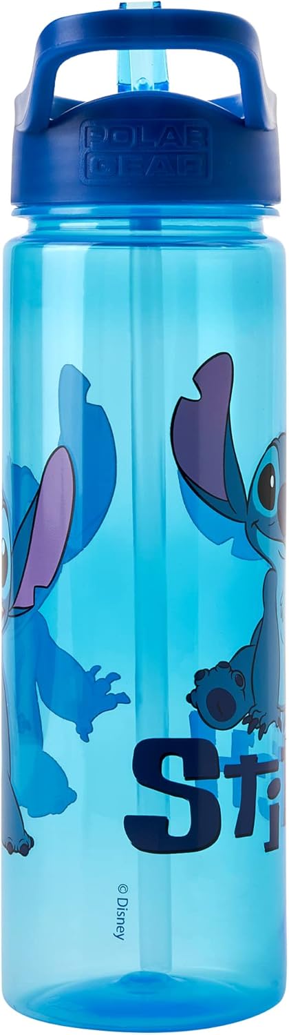 Botella de agua Disney Stitch con pajita abatible de 600 ml - Productos oficiales Polar Gear - Reutilizable para niños, antiderrames, sin BPA, plástico reciclable, ideal para la escuela, guardería, deportes, picnic, azul