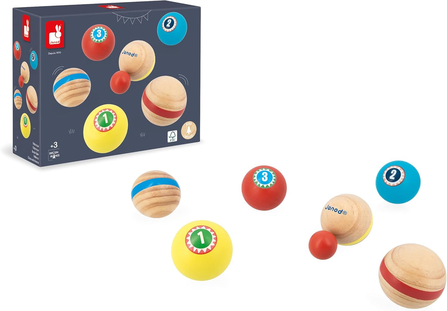 Janod - Conjunto de bocha infantil Applepop, jogo de habilidade - 6 bolas de bocha + 1 valete + 1 bolsa - Jogo infantil ao ar livre - Brinquedo de madeira FSC - 3 anos +,