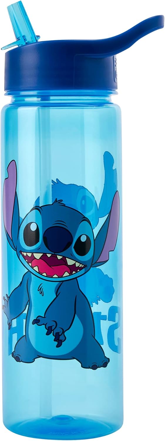 Botella de agua Disney Stitch con pajita abatible de 600 ml - Productos oficiales Polar Gear - Reutilizable para niños, antiderrames, sin BPA, plástico reciclable, ideal para la escuela, guardería, deportes, picnic, azul