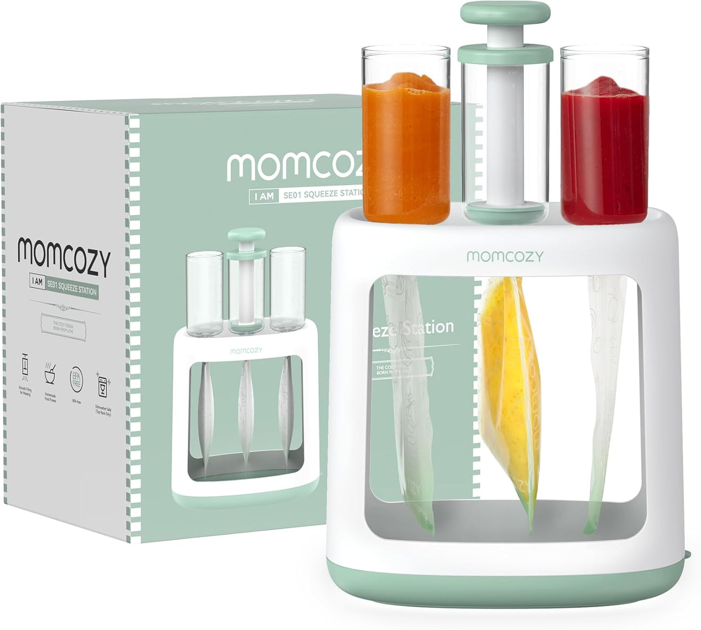 Momcozy Estación compresora casera de comida para bebés, estación de llenado de bolsas de comida para puré para bebés y niños pequeños, sin salpicaduras de comida, apta para lavavajillas, sin BPA, con bolsas reutilizables