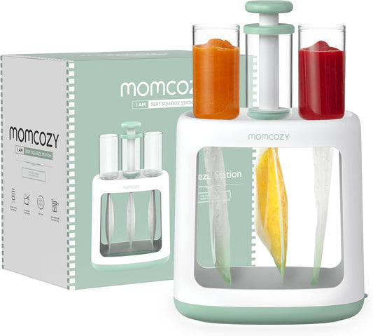 Momcozy Estação de compressão para comida caseira para bebês, estação de enchimento de bolsas para purê de alimentos para bebês e crianças pequenas, sem respingos de comida, própria para máquina de lavar louça, sem BPA, com sacos reutilizáveis